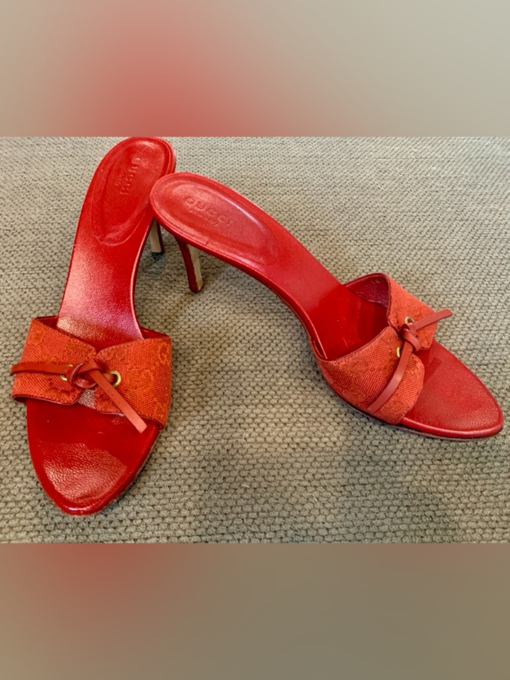 Vintage Gucci Red Open-Toe Red Fabric & Leather Mule Heels